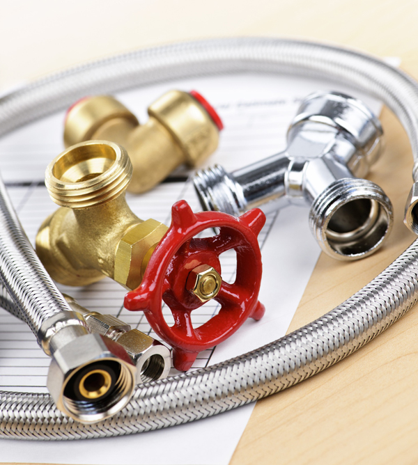 Brass and chrome plumbing fittings, gate valve and flexible hoses