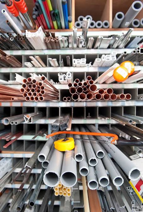 Racks of pipes in stock at the shop
